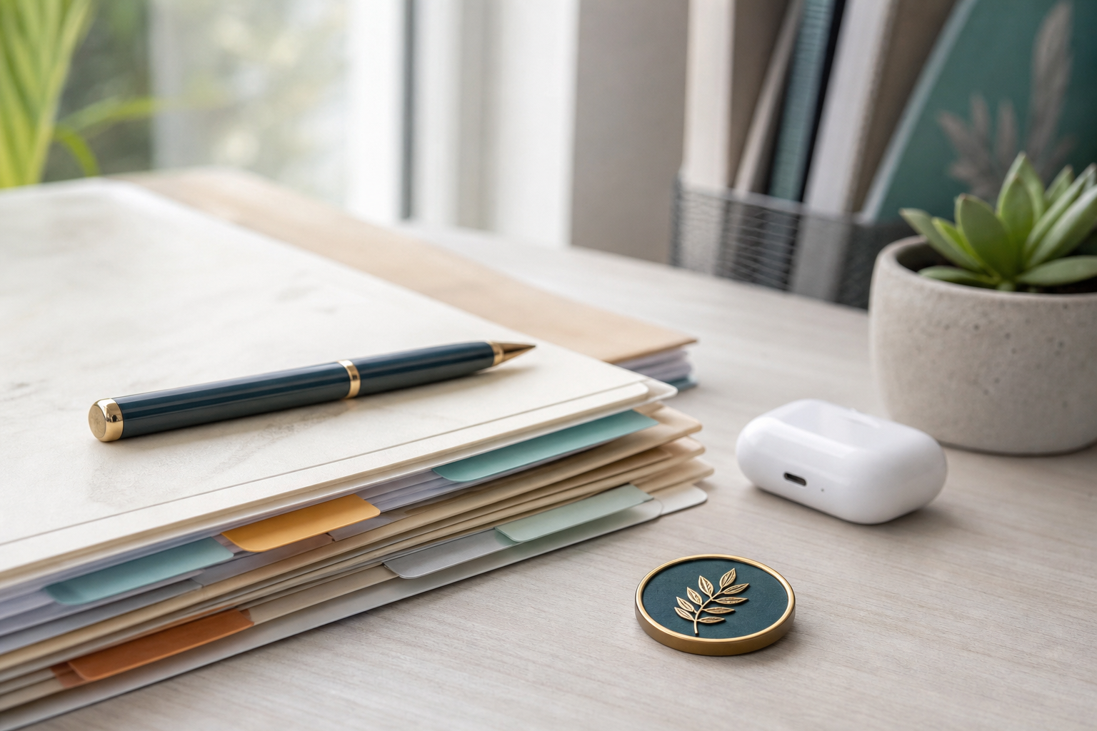 Bureau moderne : dossiers et outils de travail pour choisir sa traductrice professionnelle
