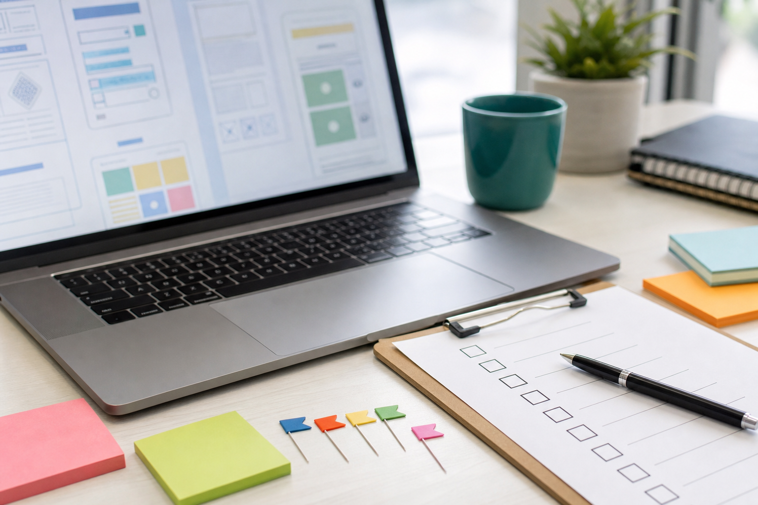 Bureau moderne avec écran de site web et outils de relecture pour la localisation de contenus