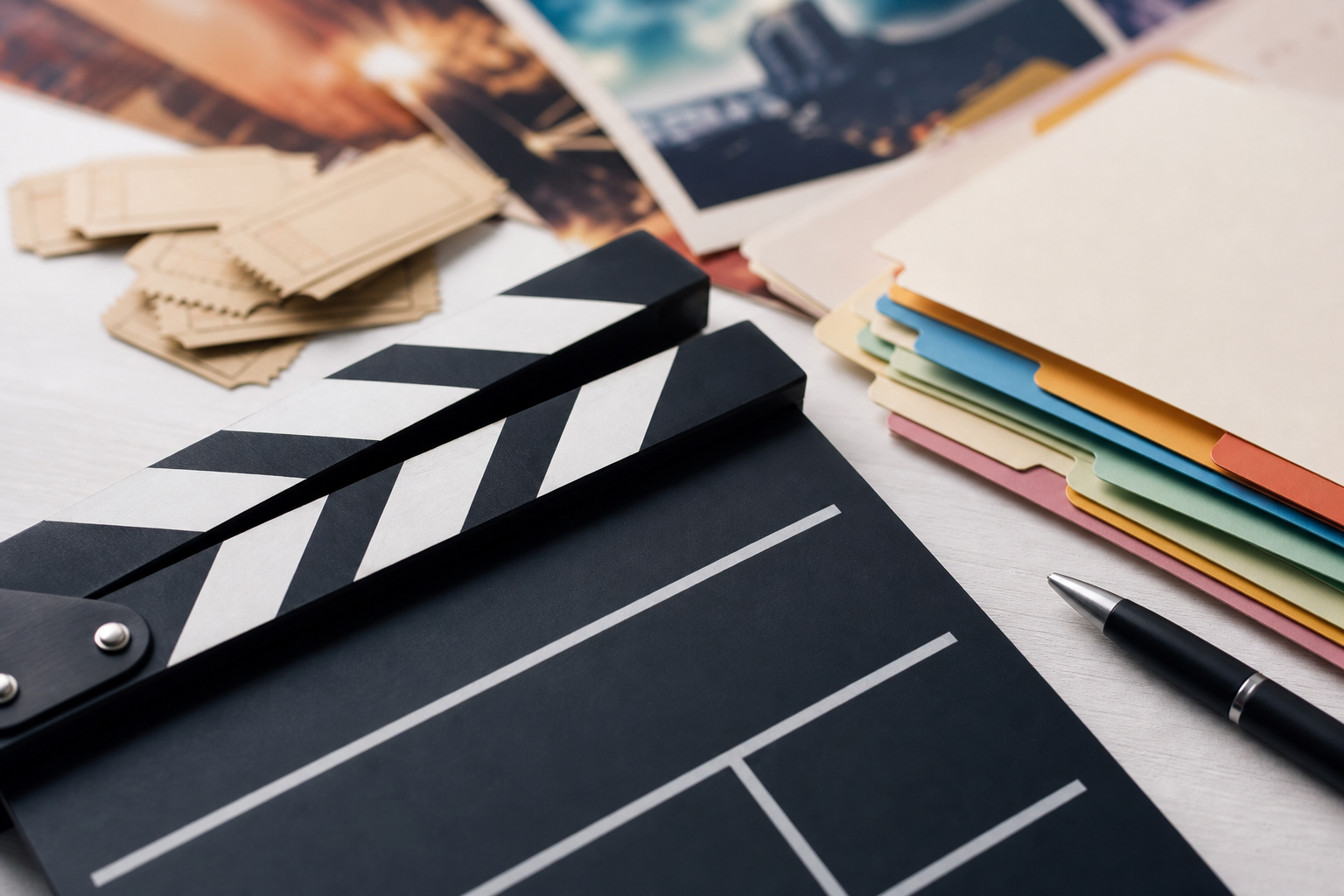 Localisation des titres de films : clap de cinéma et affiches floues sur un bureau moderne