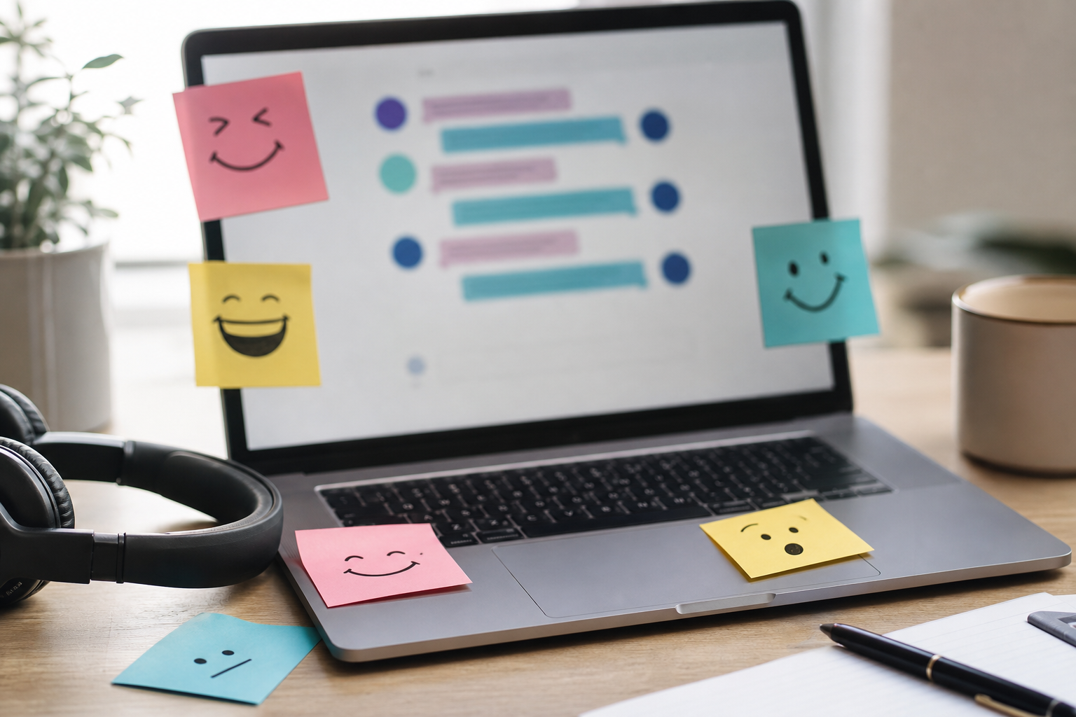 Traduction par IA de l'humour et des émotions : ordinateur et symboles de dialogue sur un bureau moderne